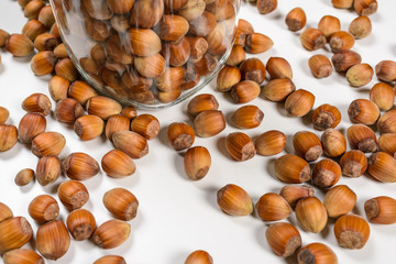 Many hazel nuts in glass jar, isolated on white