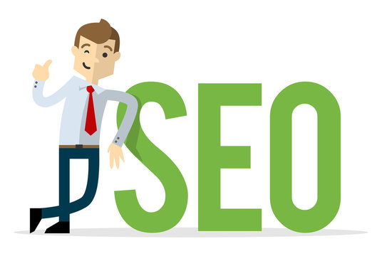 Vector of a businessman with big SEO text, with thumb up gesture