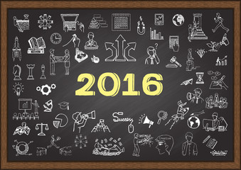 Business plan sketch for year 2016 on chalkboard
