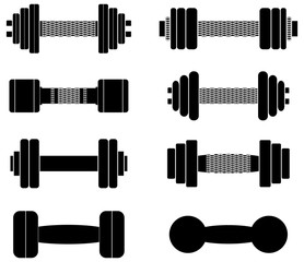 A collection of black dumbbells isolated on white background, fully editable, nets on handles easily removed in vector programs