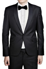 Black men wedding suit jacket, shirt and tie butterfly isolated