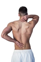Fototapeta premium Rear view of man suffering from neck and back pain