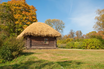 Fototapeta na wymiar Decorative timbered log hut under a thatched roof in the autumn forest