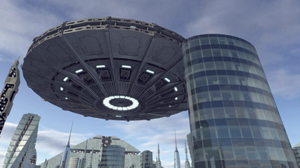UFO flying above futuristic pyramid city