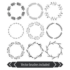 Floral brushes for wedding invitations and postcards design. Hand drawn decorative vintage floral wreath isolated on white background. Collection of decorative elements. Branches brushes included.
