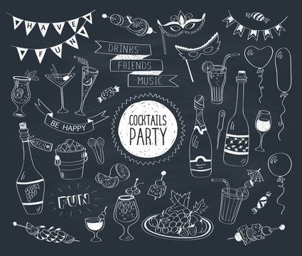 Cocktails party doodle set. Hand drawn beverages icons isolated on white background. Doodle food and drinks. Beverages, glass, bottles, fruits, snacks, masks.