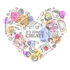 Heart from hand made tools. Doodle illustration. Craft items heart shape isolated on white background. Hobby time.