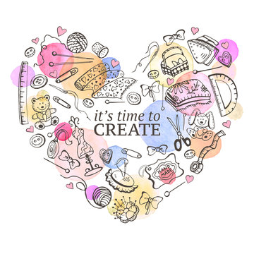 Heart from hand made tools. Doodle illustration. Craft items heart shape isolated on white background. Hobby time.