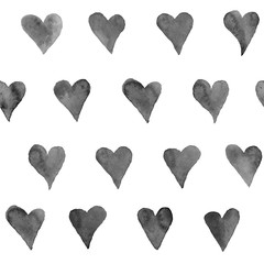 Watercolor hearts seamless background. Grayscale watercolor pattern. Black and white watercolor texture.