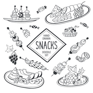Buffet snacks doodle set. Hand drawn food icons isolated on white background. Doodle food and drinks collection. Cheese, fruits, canapes, tartalets.