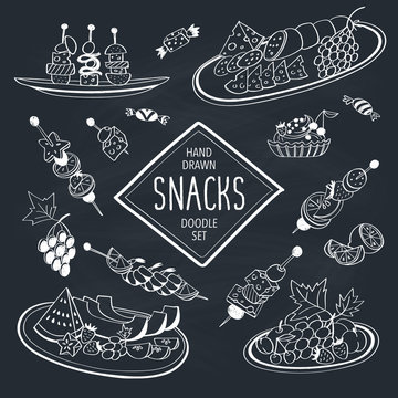 Buffet snacks doodle set. Hand drawn food icons on chalkboard. Doodle food and drinks collection. Cheese, fruits, canapes, tartalets.