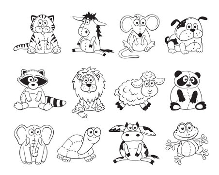 Cute cartoon animals isolated on white background. Stuffed toys set. Cartoon animals outline collection.