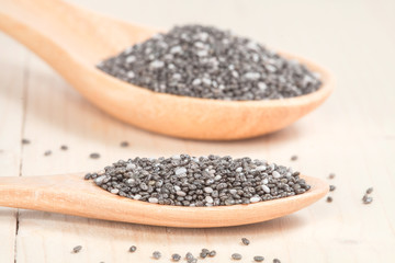 Nutritious chia seeds in  wooden spoon on wood table