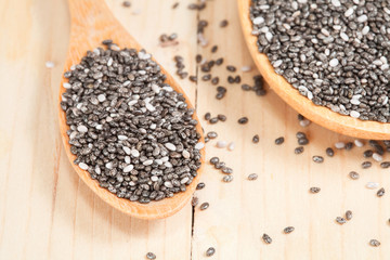 chia seeds in  wooden spoon on wood table