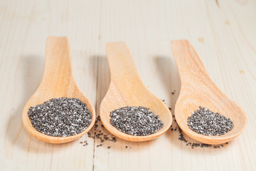 chia seeds in  wooden spoon on wood table