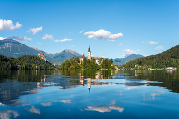 Island on lake Bled, autumn time.
Panoramic view of Lake Bled located in Slovenia Europe.