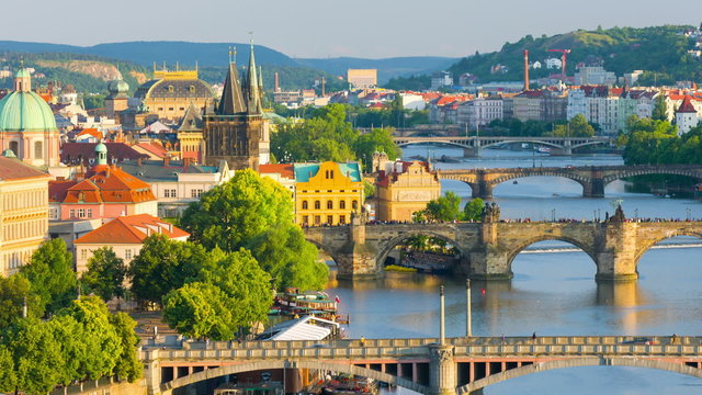 View on Prague and Vltava river in the evening