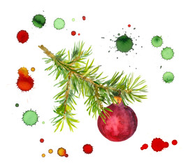 New year card with colorful fir branch with bauble in ink drops