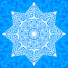 Vector ornamented snowflake on the blue symmetrical polygonal background.