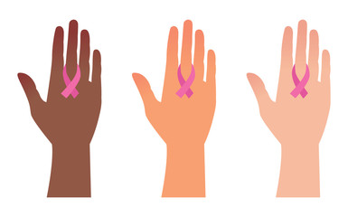 National Breast Cancer Awareness Month, hands with pink ribbons/Vector of a hand with a pink ribbon symbol of awareness about cancer