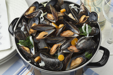 Pan with fresh cooked mussels