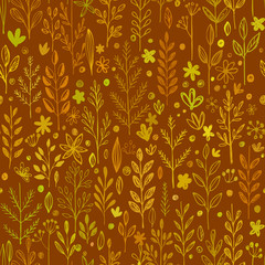 Seamless pattern, doodling fall grass design. Vector
