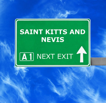 SAINT KITTS AND NEVIS road sign against clear blue sky