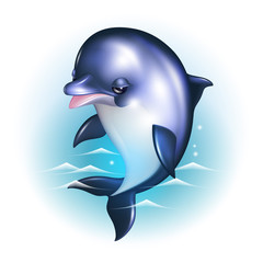 Dolphin cartoon against the background of the waves. Vector