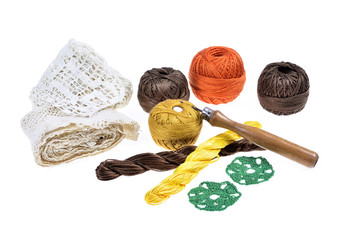 silk embroidery skeins,hook and handmade lace.