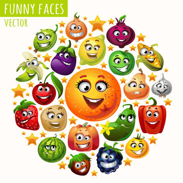 The circle of fruits and vegetables funny faces