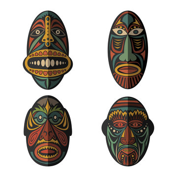 Set of African Ethnic Tribal masks on white background. . Flat icons. Ritual symbols