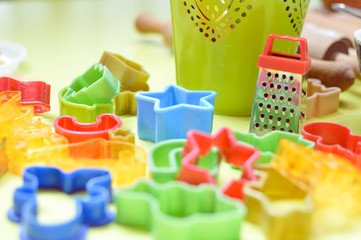 Image closeup of lot of kitchen baking colorful equipment