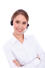 Portrait of smiling cheerful young support phone operator in headset, isolated over white background