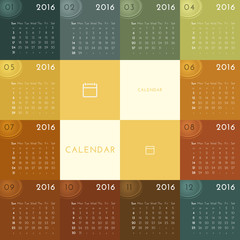 Simple european colorful calendar for 2016 year twelve month grid. Vector illustration.