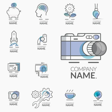 Concept logos for business company portfolio: Set of flat colorful concept icons for business design.