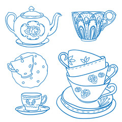 Vector set with teapots and teacups.
