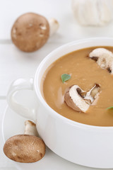 Pilzsuppe Pilz Champignons Suppe in Suppentasse Nahaufnahme