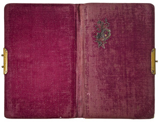 Antique open photo album or book - scratched purple velvet and unstuck ornament - art nouveau style...