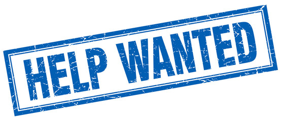 help wanted blue square grunge stamp on white