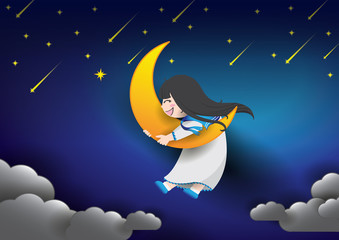 Cute girl hugging moon in night sky.