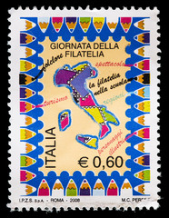 Postage stamp printed in Italy shows the italian peninsula, issued for the day of the philately