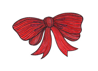 Graphic bow. Drawing color pencils. Red.