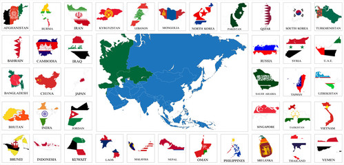Asia countries flag maps - obrazy, fototapety, plakaty