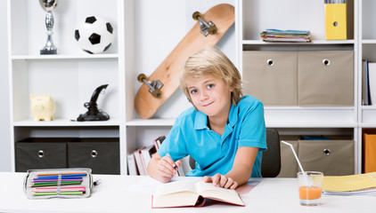 boy doing homework and reading a book