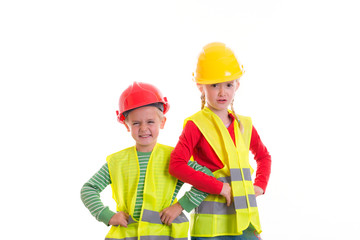 boy and girl with reflective vest and helmet