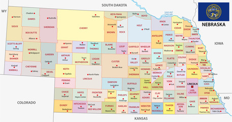 nebraska administrative map with flag - obrazy, fototapety, plakaty