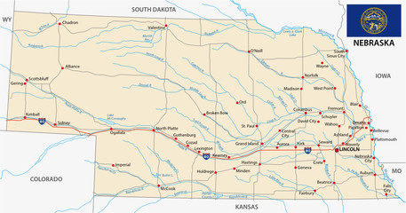 Fototapeta na wymiar nebraska administrative map with flag