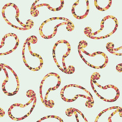 Polygonal paisley background. Seamless pattern. Random colors. Low-poly polygonal backdrop. Abstract texture made of triangles. For wallpaper, web page background, surface textures.