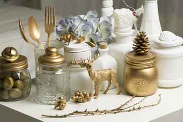 Christmas home decoration in golden and white colors