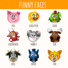 Animal funny faces, set of nine character